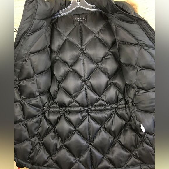 THEORY Down Puffer Hooded Raccoon Fur Trim Parka Jacket Zip/Buttons Black Size M - Picture 12 of 14